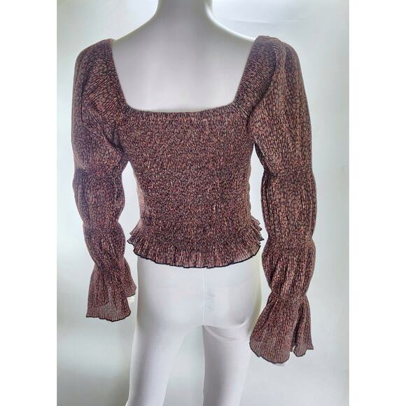 Anthropologie Shimmer Puff Sleeve Smocked Cropped Peplum Top Small Cocoa Brown - Picture 5 of 12